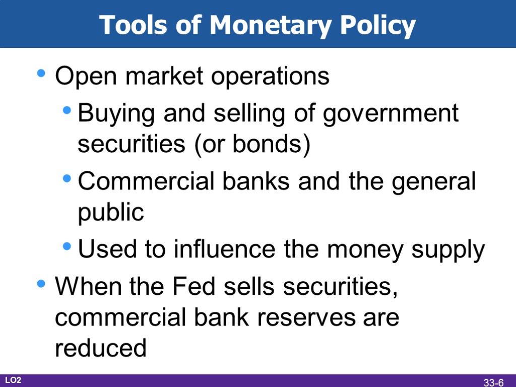 Tools of Monetary Policy Open market operations Buying and selling of government securities (or